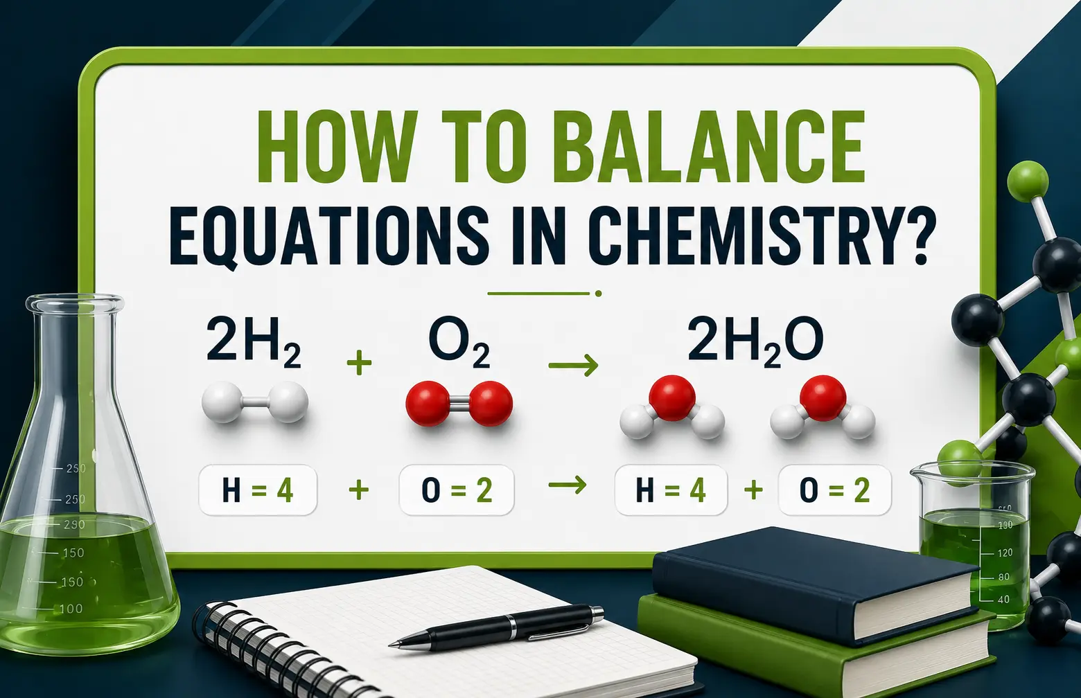 Whiteboard showing how to balance chemical equations with H2, O2, and H2O molecules, surrounded by lab glassware, books, and a pen.