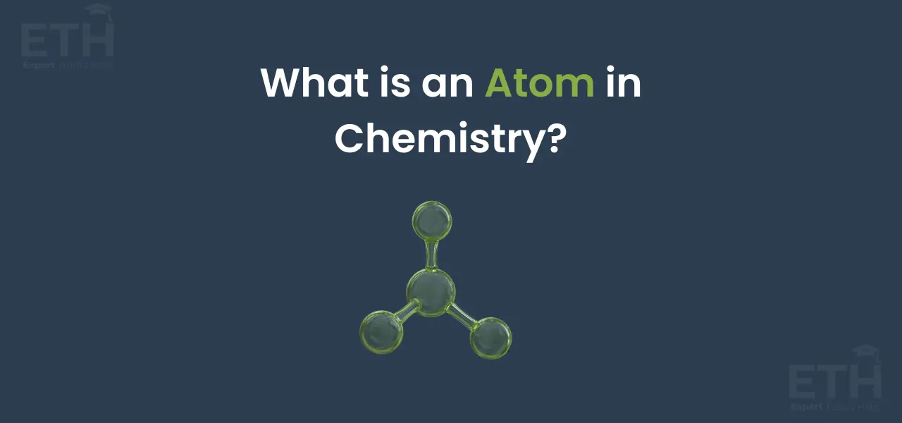 Text reading "What is an Atom in Chemistry?" with a green and transparent molecular model illustration below on a dark blue background.